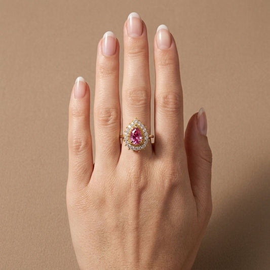 14K 1.33ct Pear Shape Mahenge Pink Spinel 0.96cttw Yellow & White Diamonds Ring