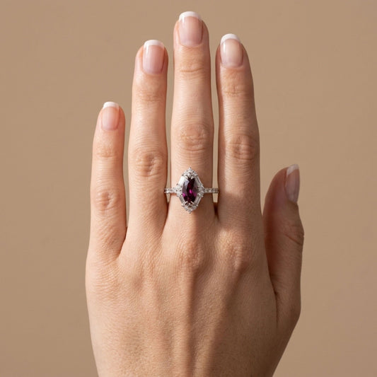 18K 1.39ct Marquise Unheated Reddish Purple Sapphire 0.89cttw White Diamonds Ring