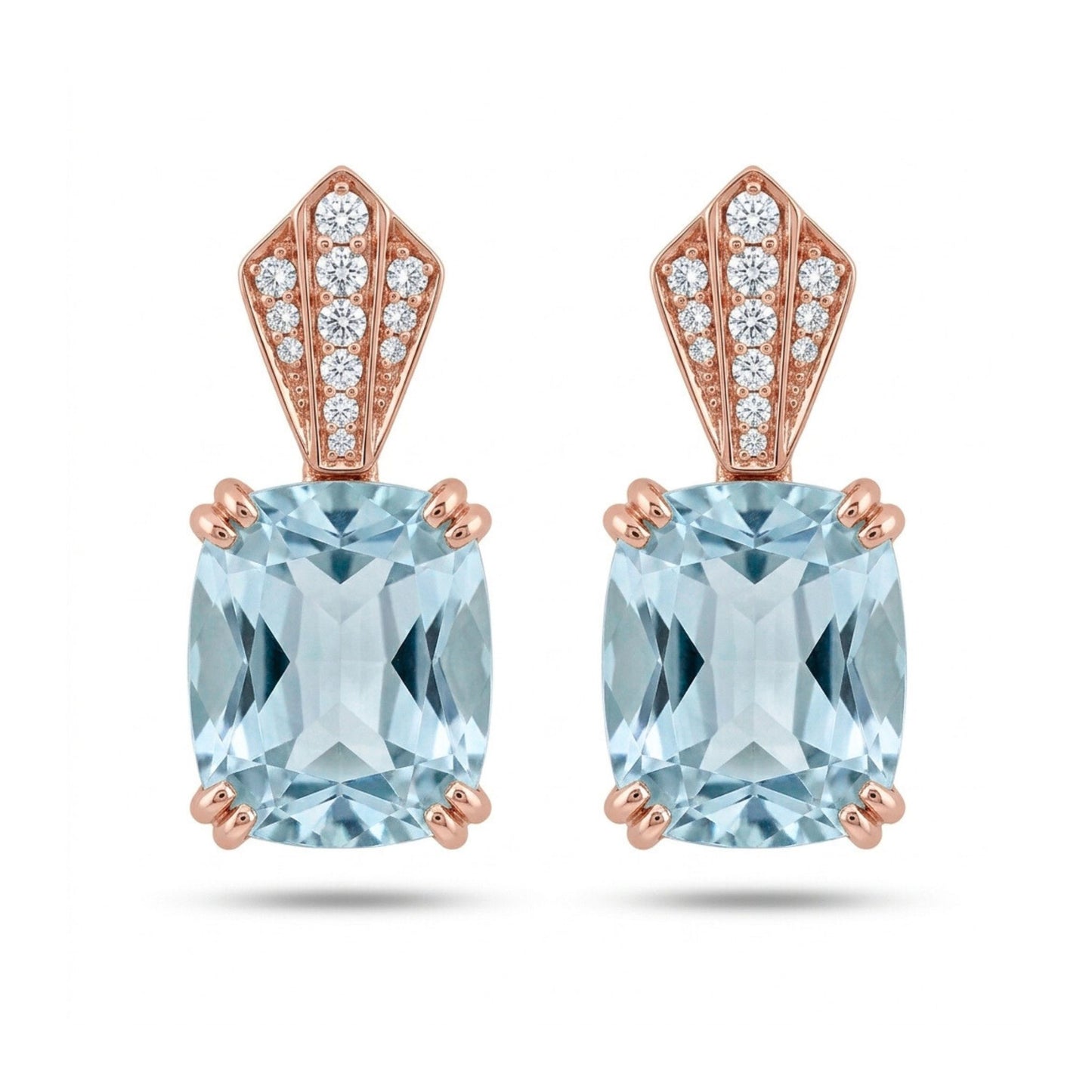 14K 4.78cttw Cushion Santa Maria Aquamarine 0.11cttw White Diamonds Stud Earrings