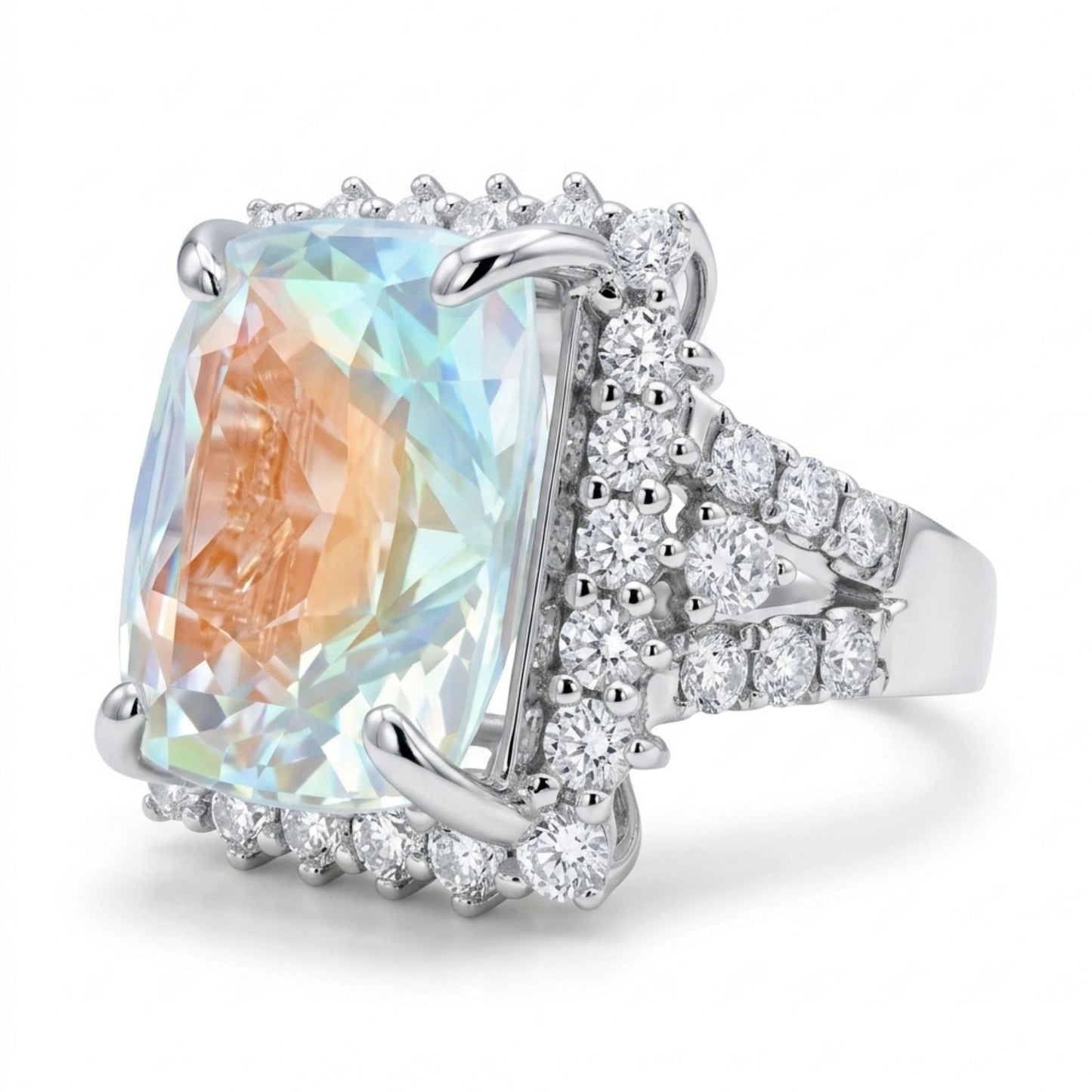 14K 9.45ct Cushion Moonstone 1.53cttw VS White Diamonds Ring