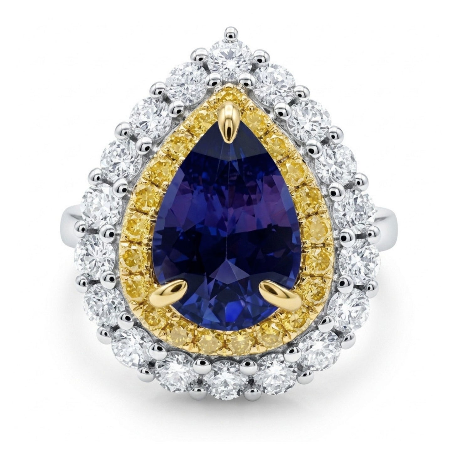 14K 3.28ct Pear Shape Unheated Purple Sapphire 1.45cttw Yellow & White Diamonds Ring