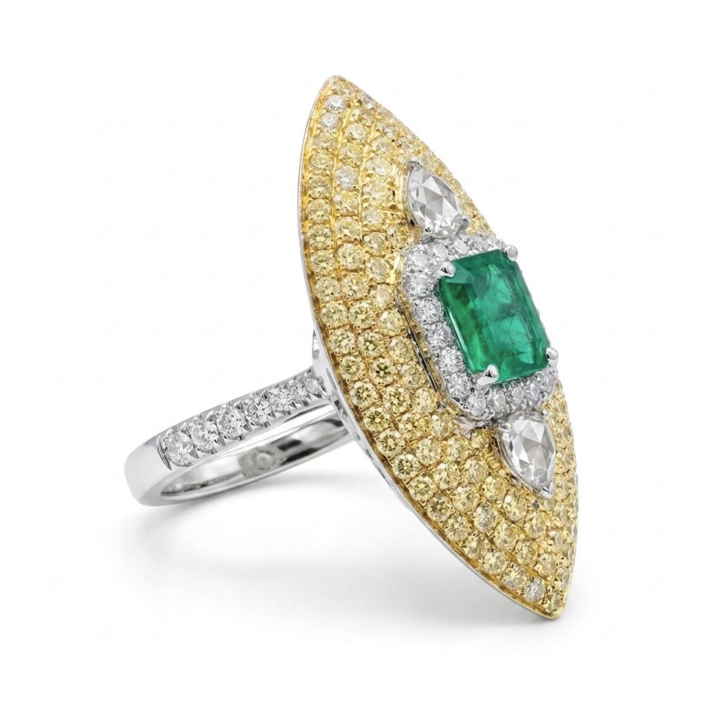 18K 0.93ct Emerald Cut Colombian Emerald 1.94cttw Yellow & White Diamonds Ring