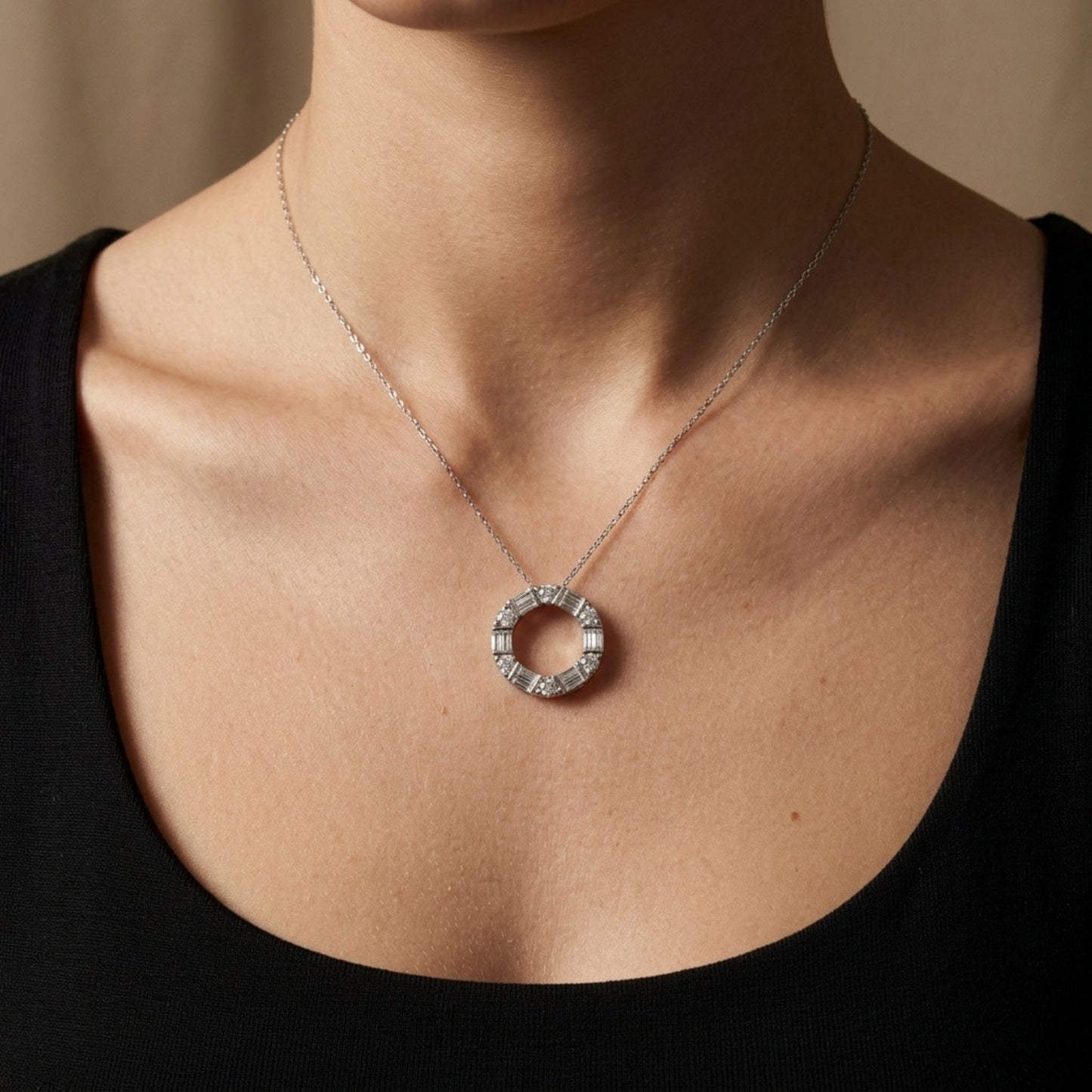 14K 0.62cttw Baguette & Round White Diamond Necklace
