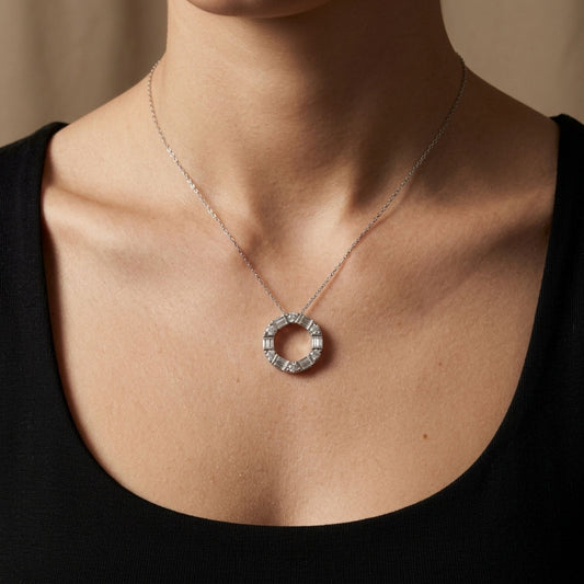 14K 0.62cttw Baguette & Round White Diamond Necklace