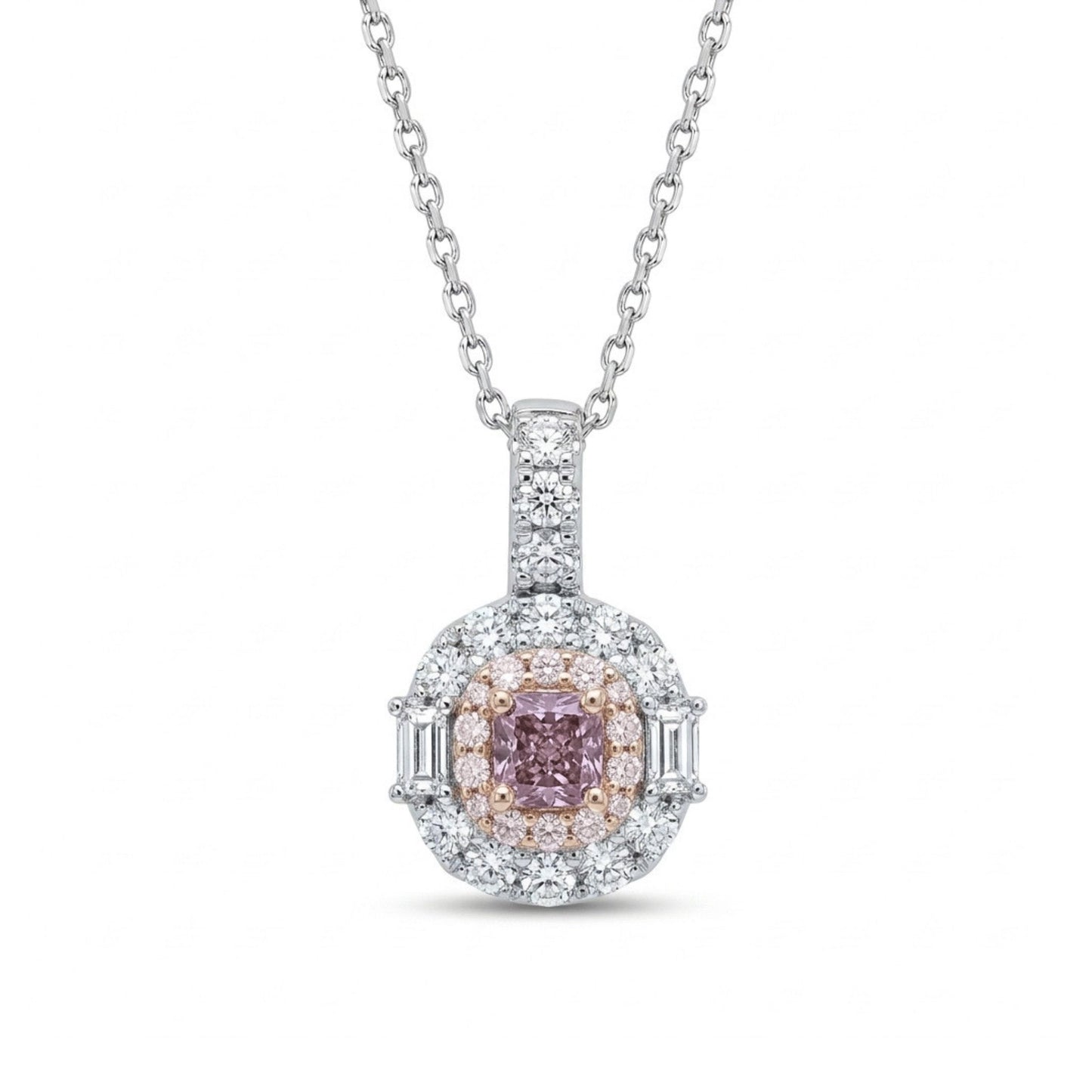 18K 0.18ct Cushion Purple Pink Diamond 0.63cttw Pink & White Diamonds Necklace