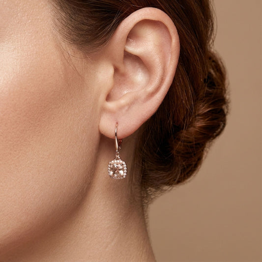 14K 1.20cttw Cushion Morganite 0.13cttw White Diamonds Drop Earrings
