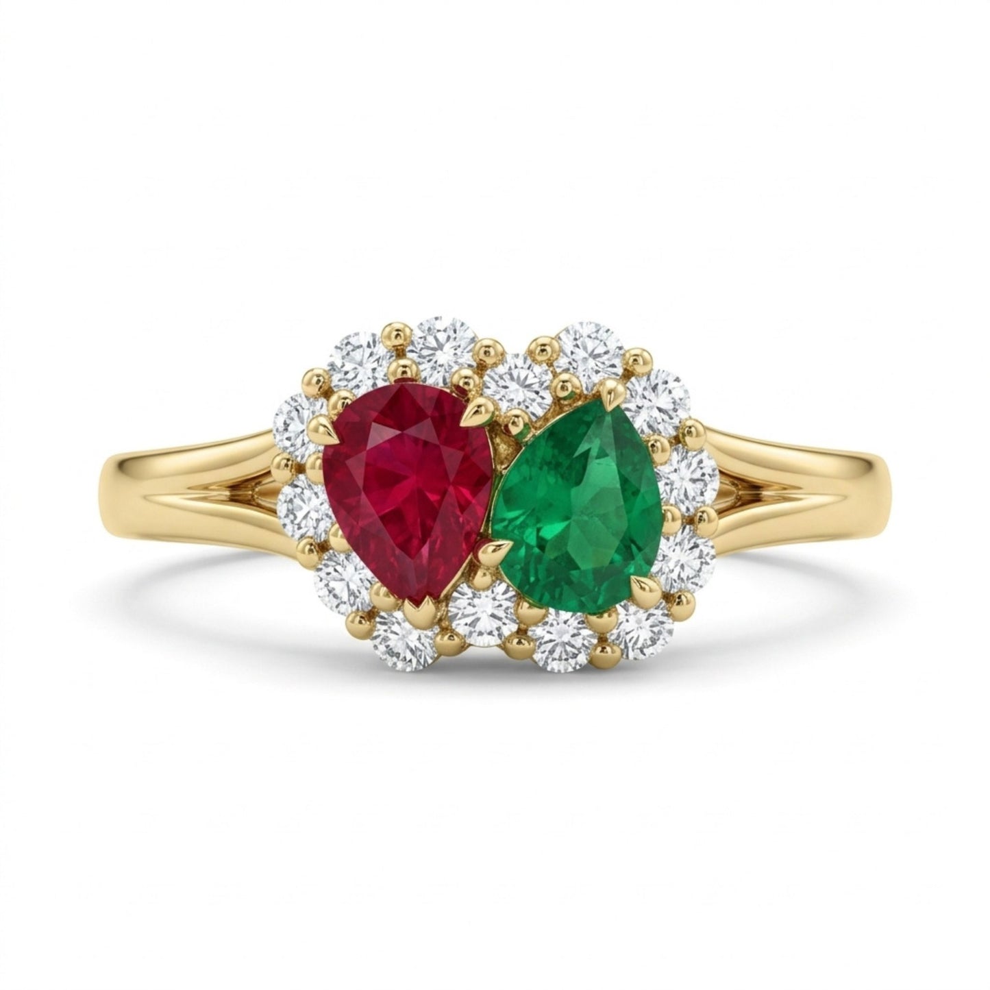 18K 0.21ct Pear Shape Private Collection Red Beryl 0.23ct Pear Shape Colombian Emerald 0.30cttw White Diamonds Ring