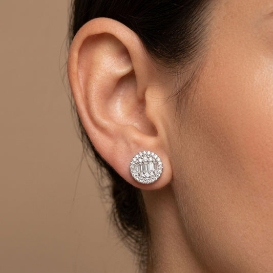 18K 0.53cttw Baguette & Round White Diamond Stud Earrings