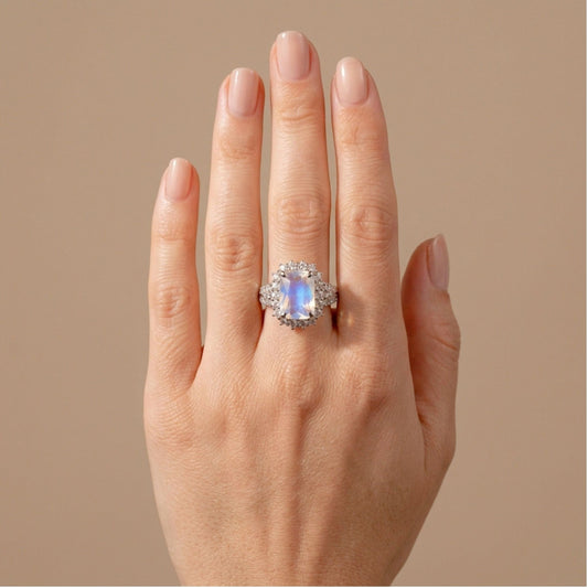 14K 4.25ct Cushion Moonstone 1.42cttw VS White Diamonds Ring