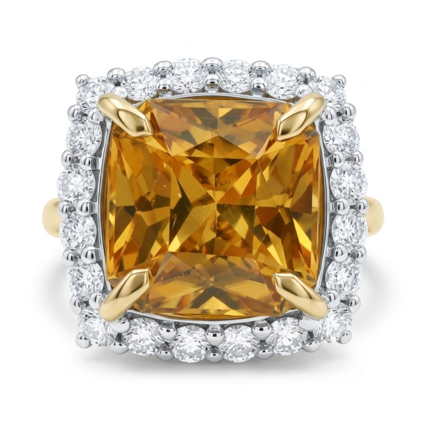 14K 10.31ct Cushion Golden Zircon 1.19cttw VS White Diamonds Ring