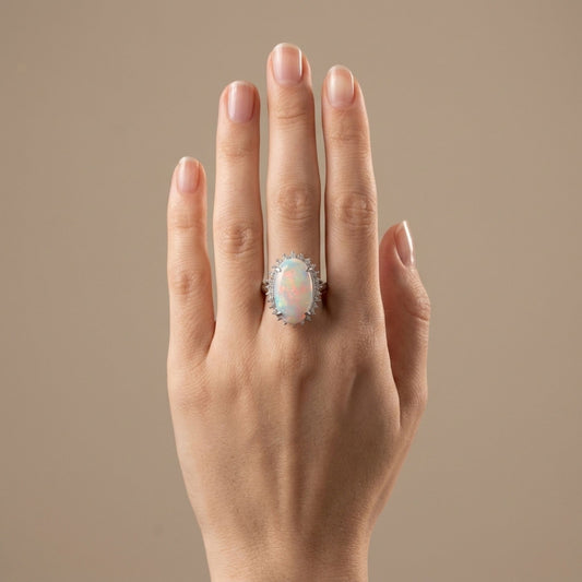 Platinum 4.76ct Oval Crystal Opal 0.71cttw White Diamonds Ring