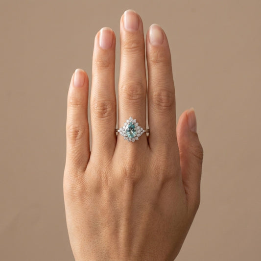 14K 0.79ct Pear Shape Vanadium Beryl 0.53cttw VS White Diamonds Ring