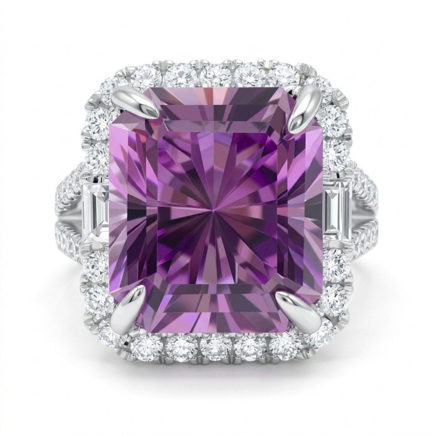 18K 10.44ct Radiant Cut Kunzite 1.18cttw White Diamonds Ring
