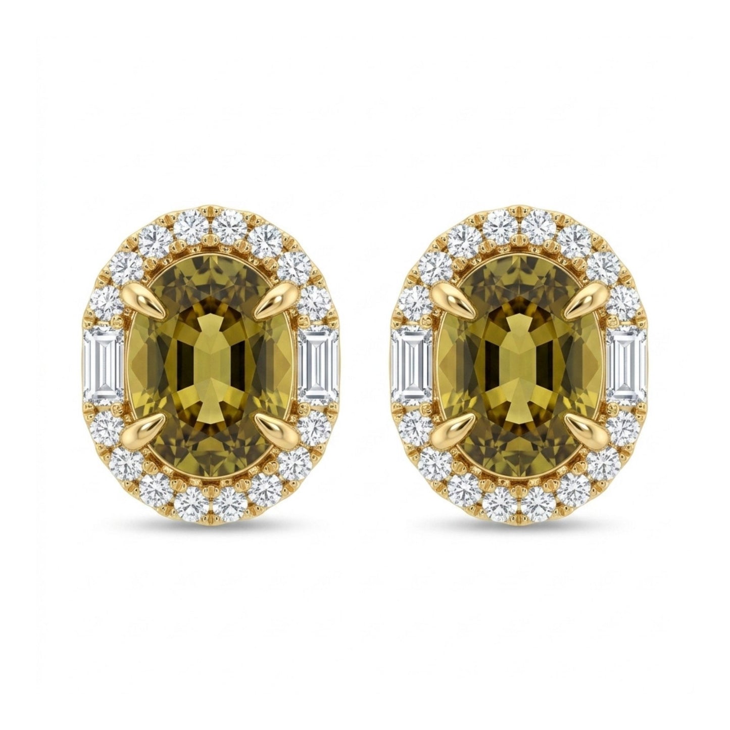 18K 2.90cttw Oval Golden Unheated Tanzanite 0.58cttw White Diamonds Stud Earrings