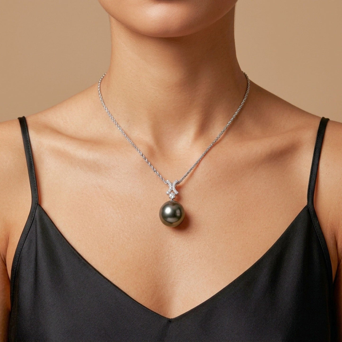 18K 14.3mm Tahitian Black Pearl 0.18cttw White Diamonds Necklace