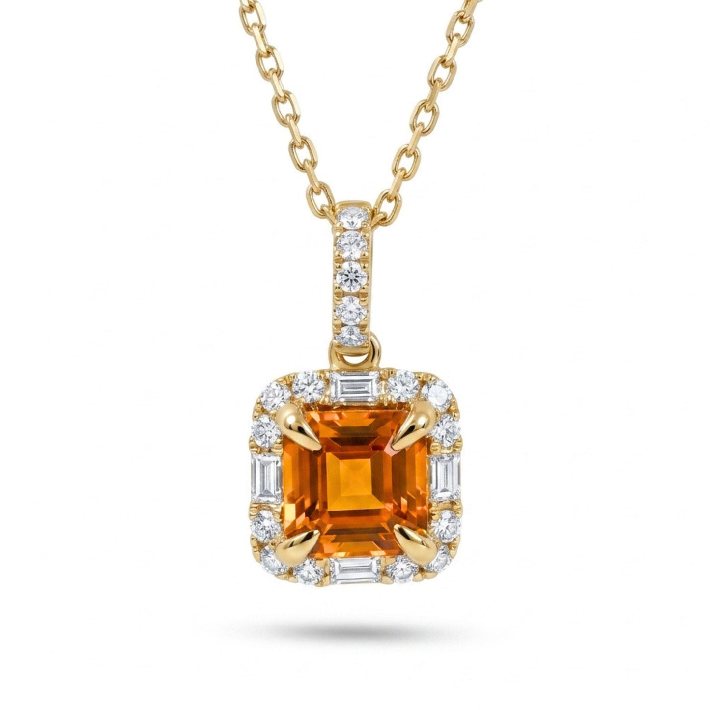 18K 1.15ct Asscher Cut Mandarin Garnet 0.23cttw White Diamonds Necklace