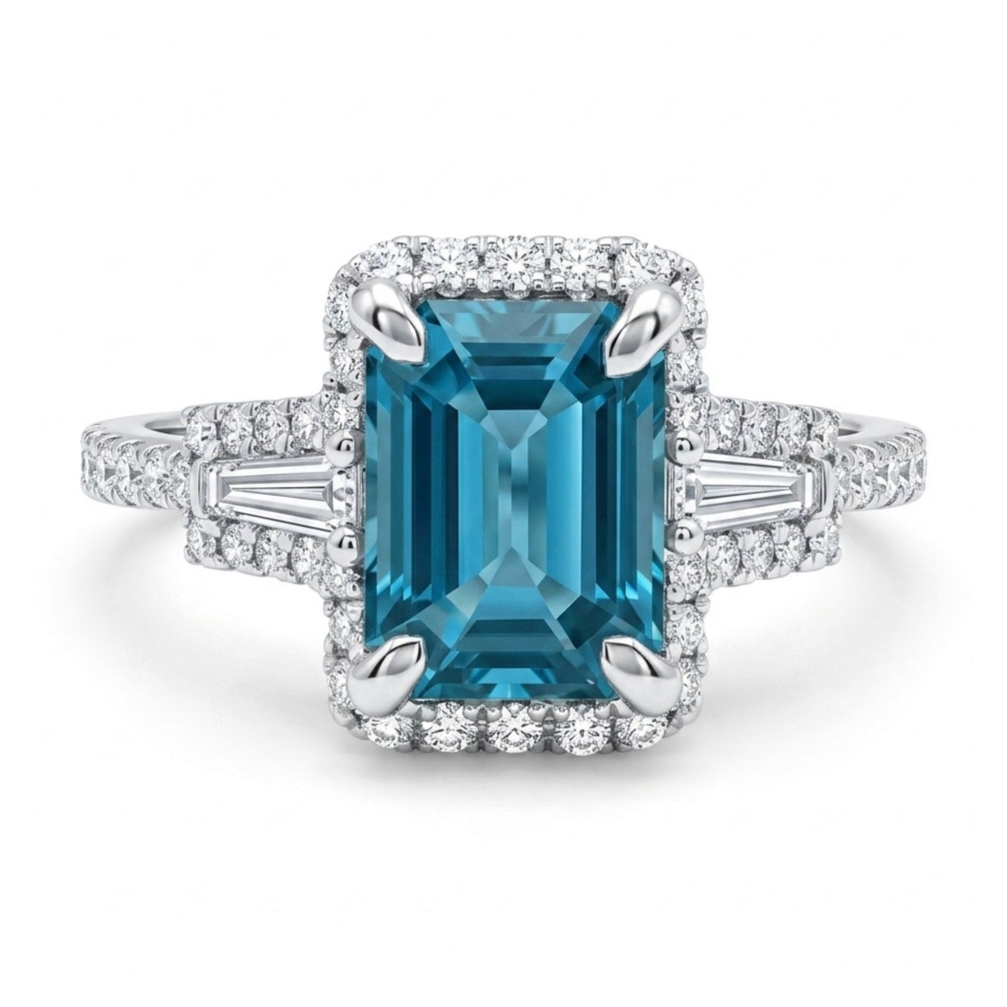 18K 2.53ct Emerald Cut Blue Zircon 0.46cttw White Diamonds Ring