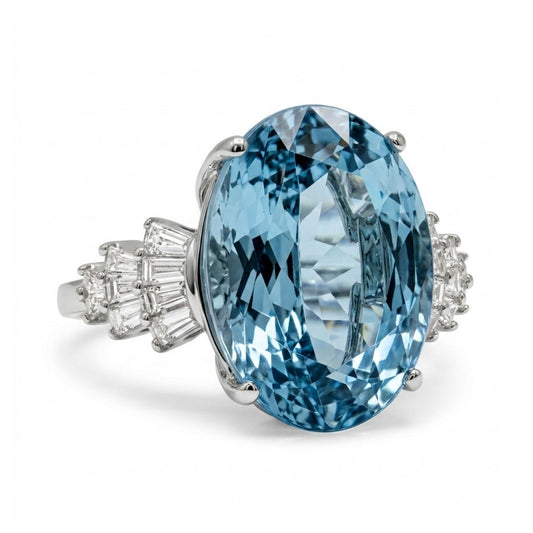 14K 7.87ct Oval Santa Maria Aquamarine 0.46cttw Baguette White Diamond Ring