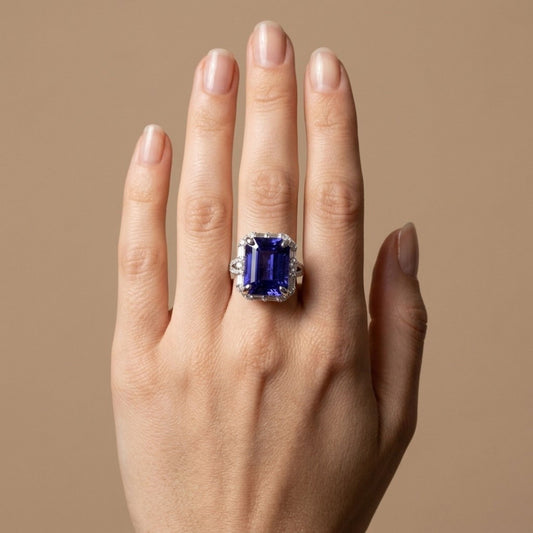 18K 10.00ct Emerald Cut Blue Wing Tanzanite 1.04cttw White Diamonds Ring