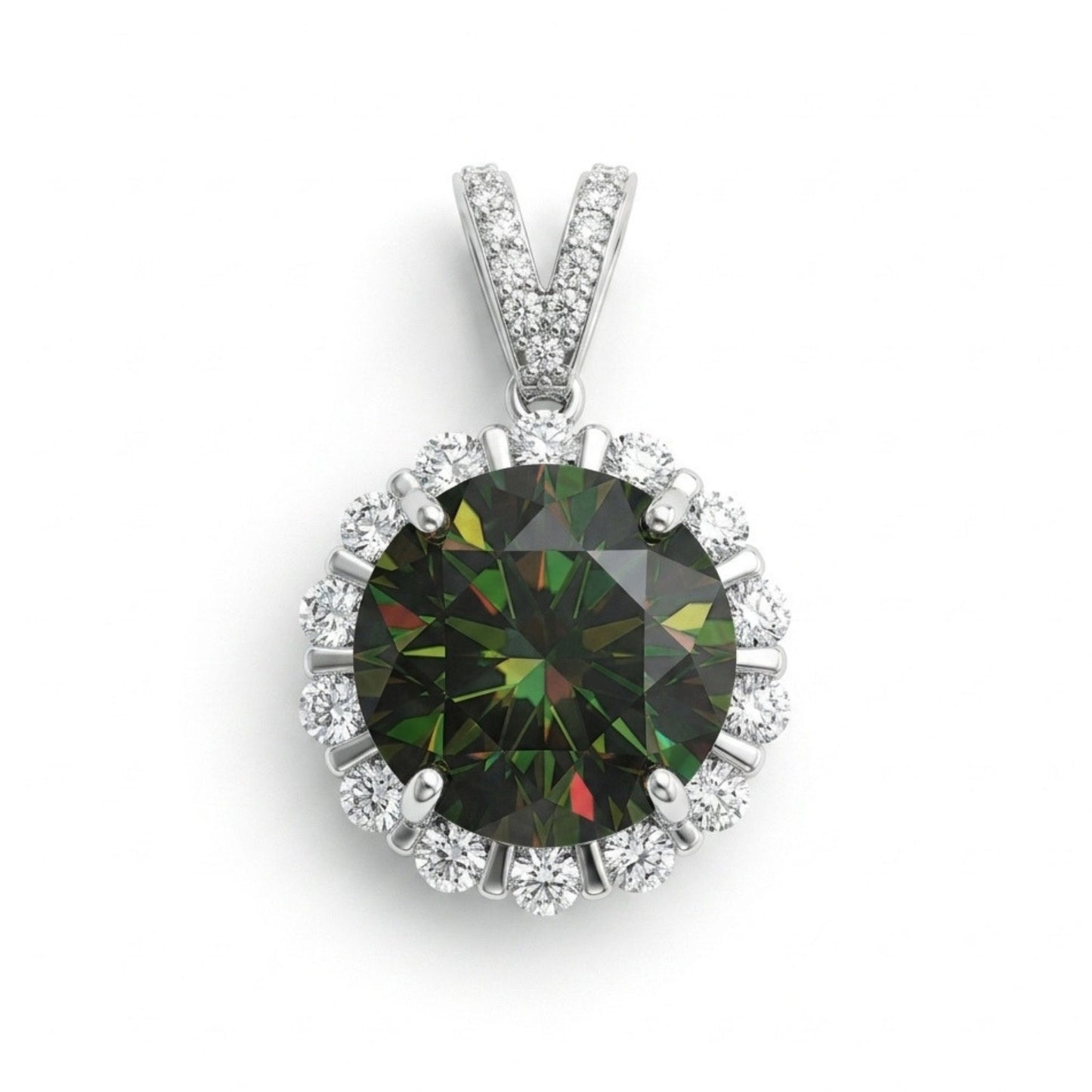 18K 4.86ct Round Color Change Sphene 0.62cttw White Diamonds Pendant