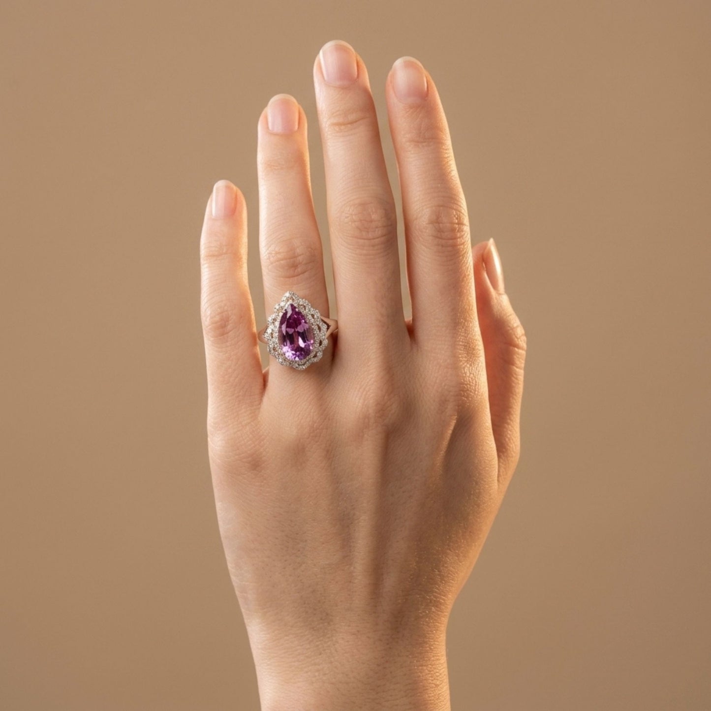 14K 4.08ct Pear Shape Kunzite 0.50cttw VS White Diamonds Ring