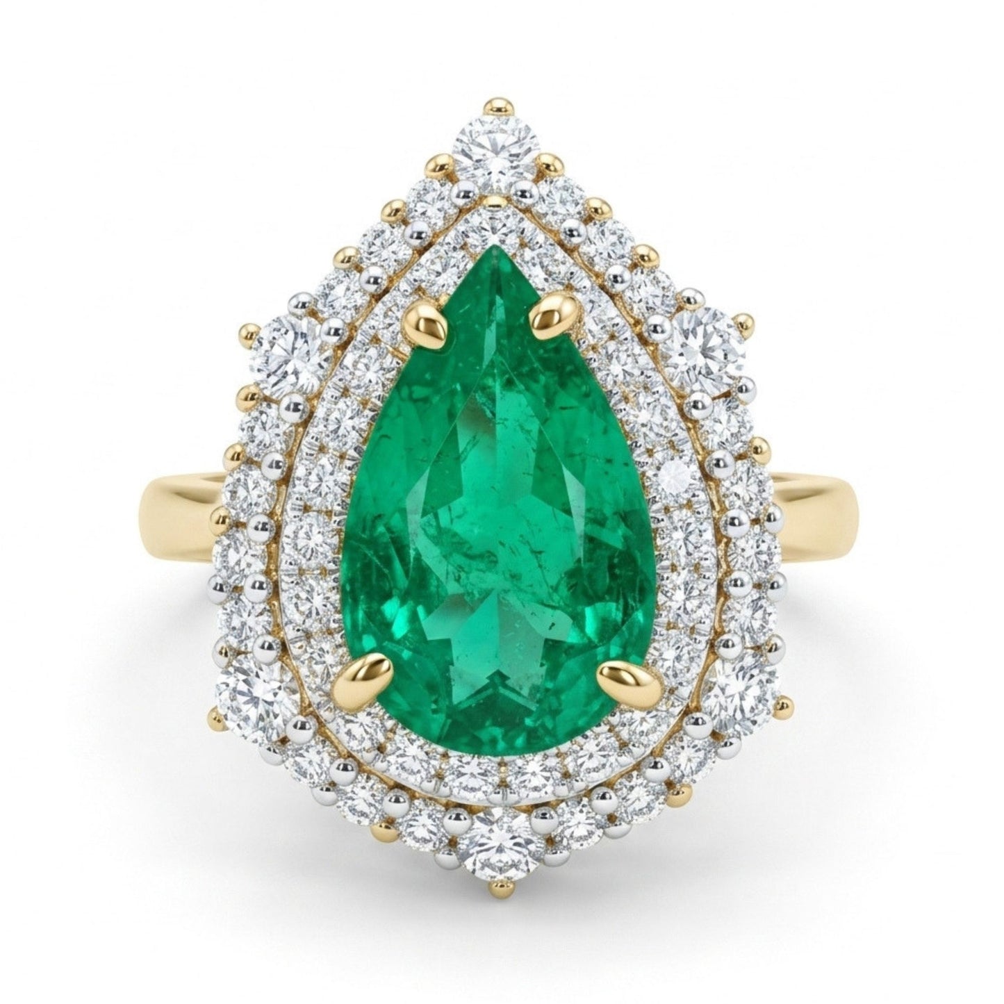14K 2.09ct Pear Shape Colombian Emerald 1.02cttw VS White Diamonds Ring