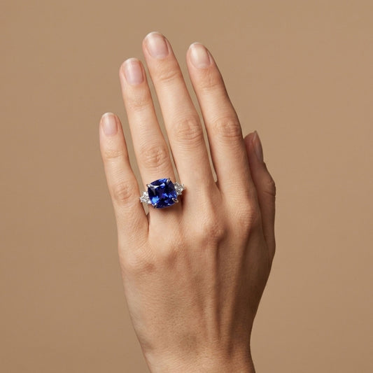 14K 15.30ct Cushion Blue Wing Tanzanite 0.78cttw VS White Diamonds Ring