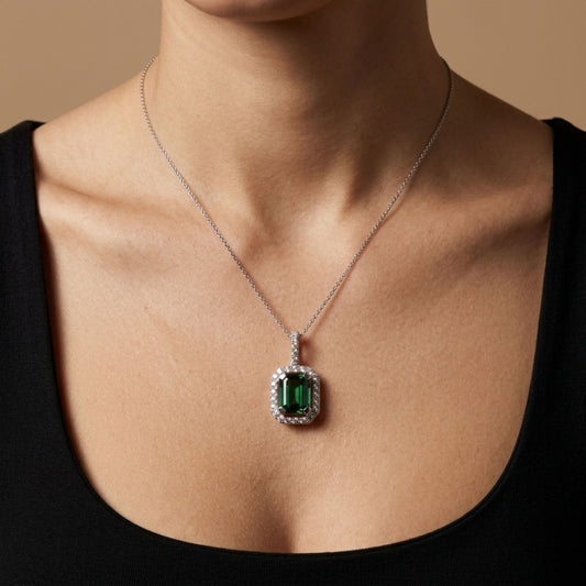 18K 3.47ct Emerald Cut Green Tourmaline 0.52cttw White Diamonds Pendant