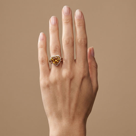 14K 8.64ct Heart Shape Golden Zircon 0.35cttw VS White Diamonds Ring