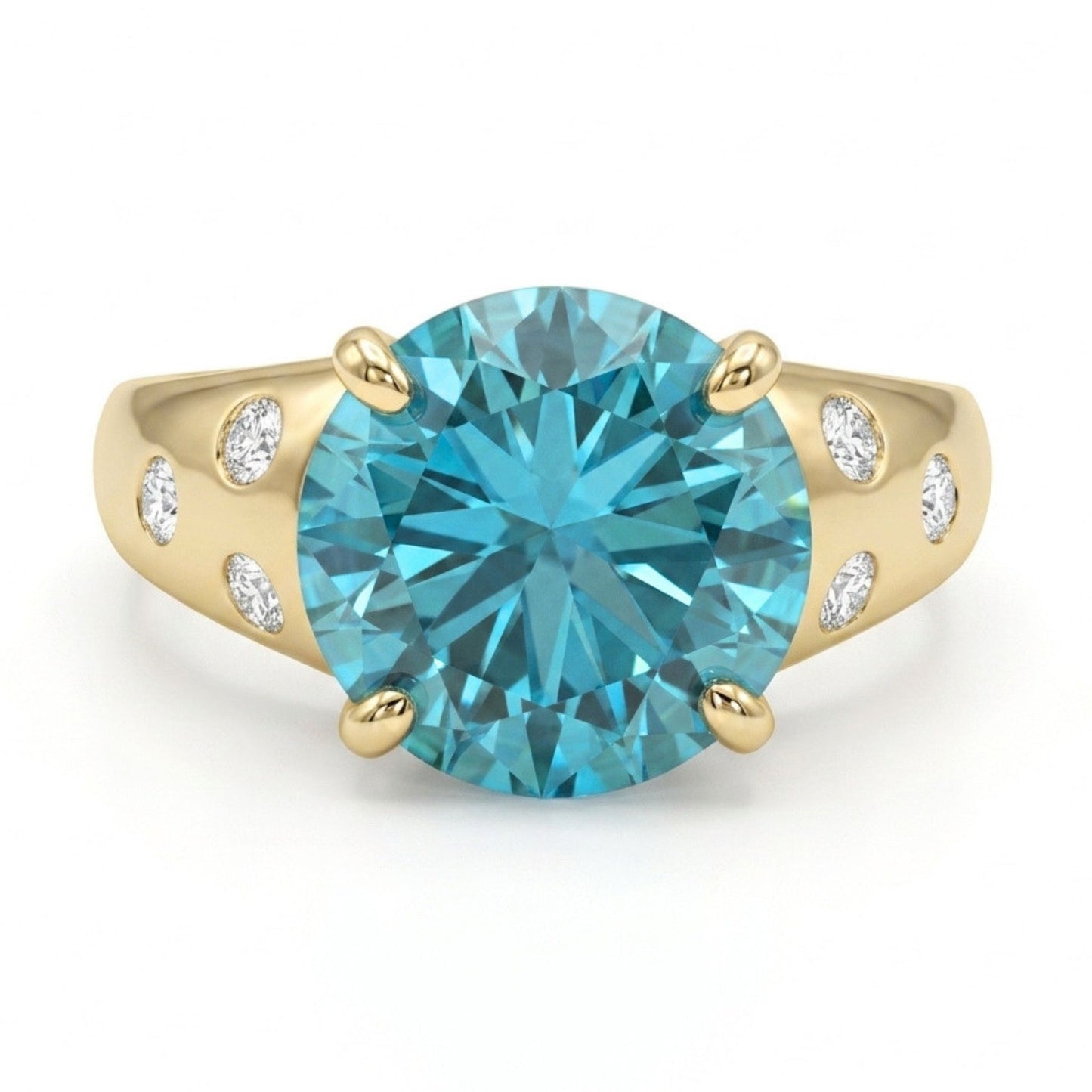 14K 5.77ct Round Blue Zircon 0.16cttw VS White Diamonds Ring