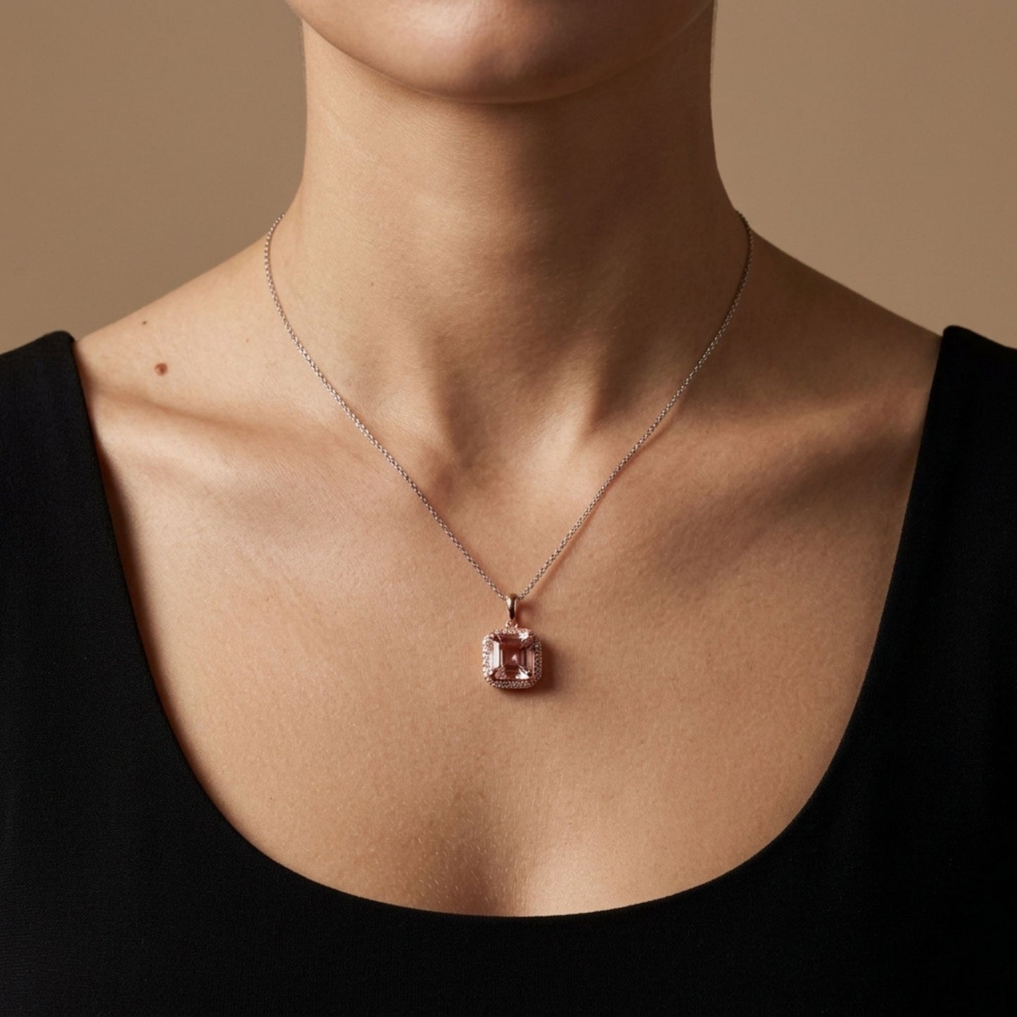 14K 1.43ct Asscher Cut Pink Morganite 0.13cttw White Diamonds Pendant