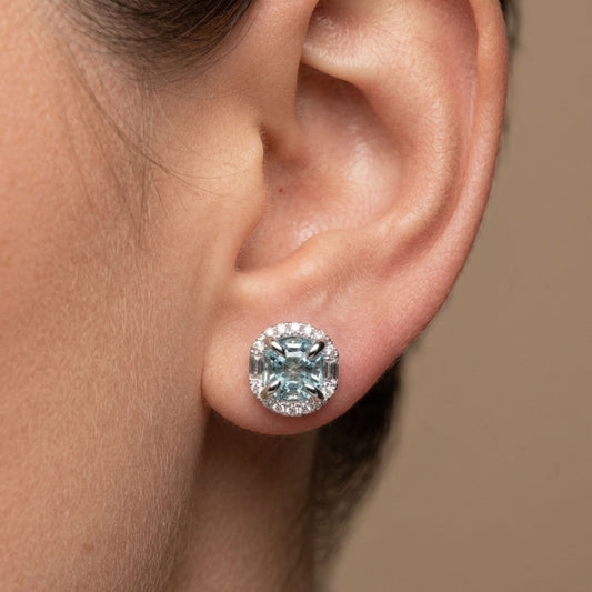 18K 2.33cttw Asscher Cut Vanadium Beryl 0.49cttw White Diamonds Stud Earrings