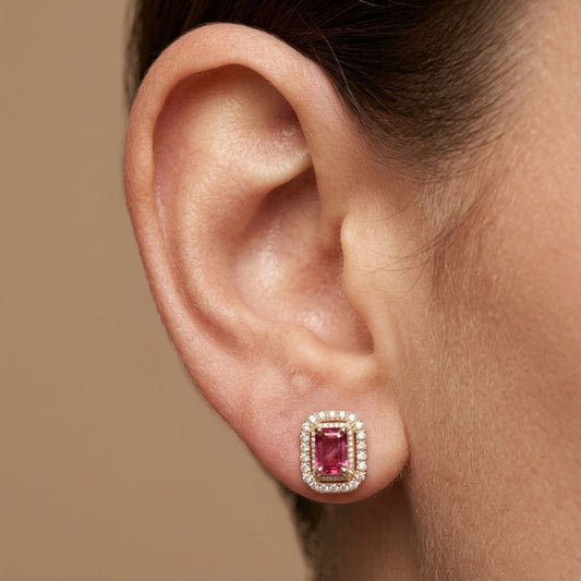 14K 0.62cttw Emerald Cut Red Beryl 0.34cttw White Diamonds Stud Earrings