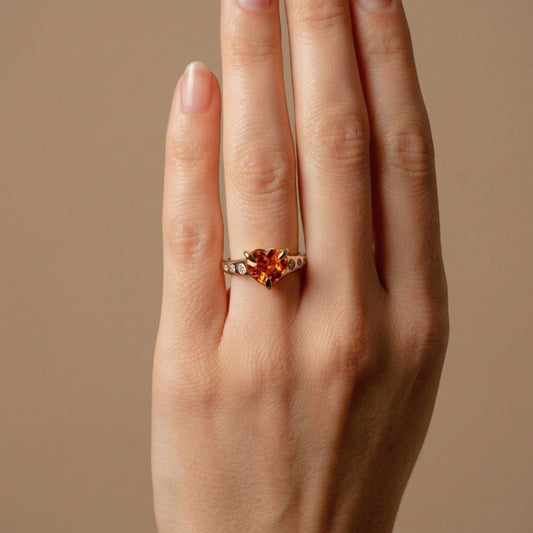 14K 3.88ct Heart Shape Mandarin Garnet 0.20cttw VS White Diamonds Ring
