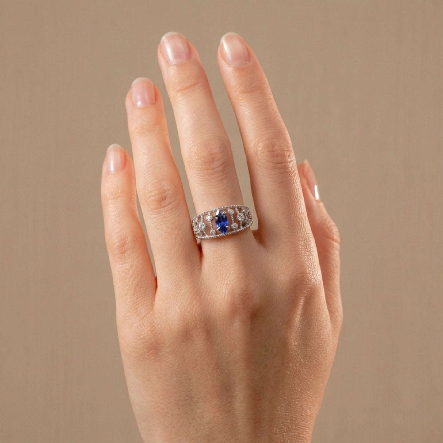 14K 0.77ct Marquise Unheated Blue Sapphire 0.21cttw VS White Diamonds Ring