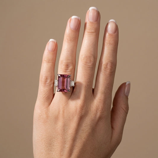 14K 8.66ct Emerald Cut Pink Tourmaline 0.74cttw Tapered Baguette White Diamond Ring