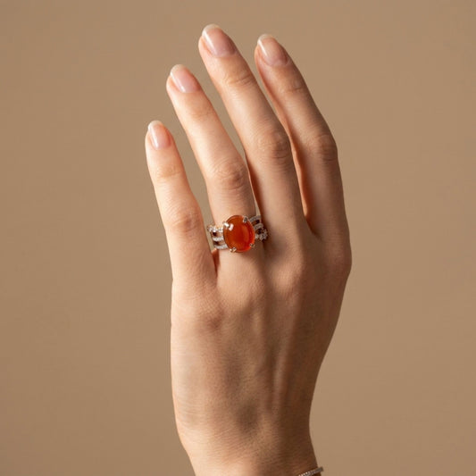 14K 3.42ct Oval Cabochon Fire Opal 0.68cttw VS White Diamonds Ring