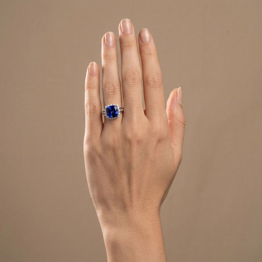 14K 4.50ct Cushion Blue Wing Tanzanite 0.86cttw VS White Diamonds Ring