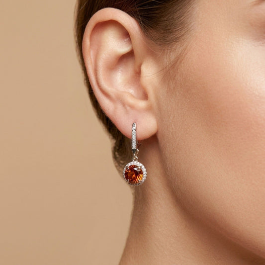 14K 2.00cttw Round Mandarin Garnet 0.22cttw VS White Diamonds Drop Earrings