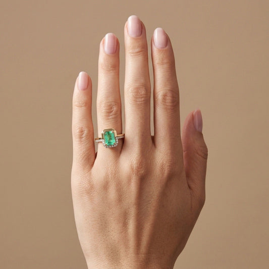 14K 1.49ct Emerald Cut Colombian Emerald 0.22cttw VS White Diamonds Ring