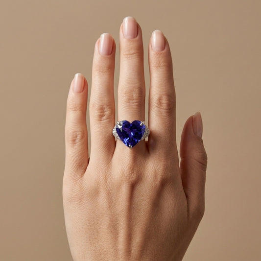 14K 12.11ct Heart Shape Blue Wing Tanzanite 0.89cttw VS White Diamonds Ring