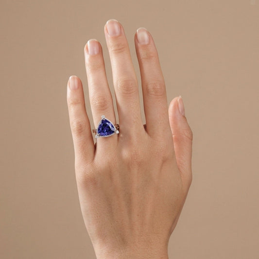14K 7.32ct Trilliant Blue Wing Tanzanite 0.68cttw VS White Diamonds Ring