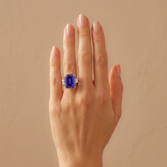 14K 13.05ct Emerald Cut Blue Wing Tanzanite 0.74cttw VS White Diamonds Ring