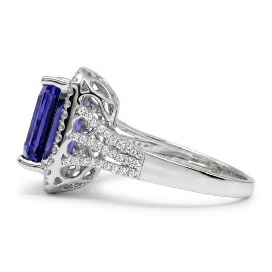 14K 4.10ct Emerald Cut Blue Wing Tanzanite 0.49cttw VS White Diamonds Ring