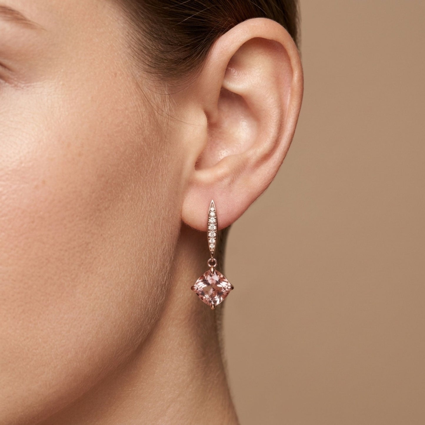 14K 4.20cttw Cushion Morganite 0.18cttw VS White Diamonds Drop Earrings