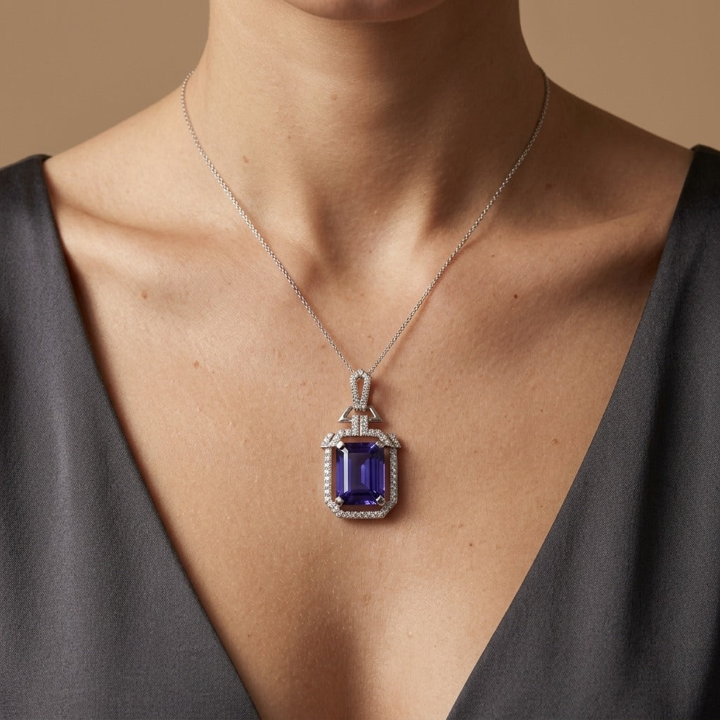 14K 7.10ct Emerald Cut Blue Wing Tanzanite 0.32cttw VS White Diamonds Pendant