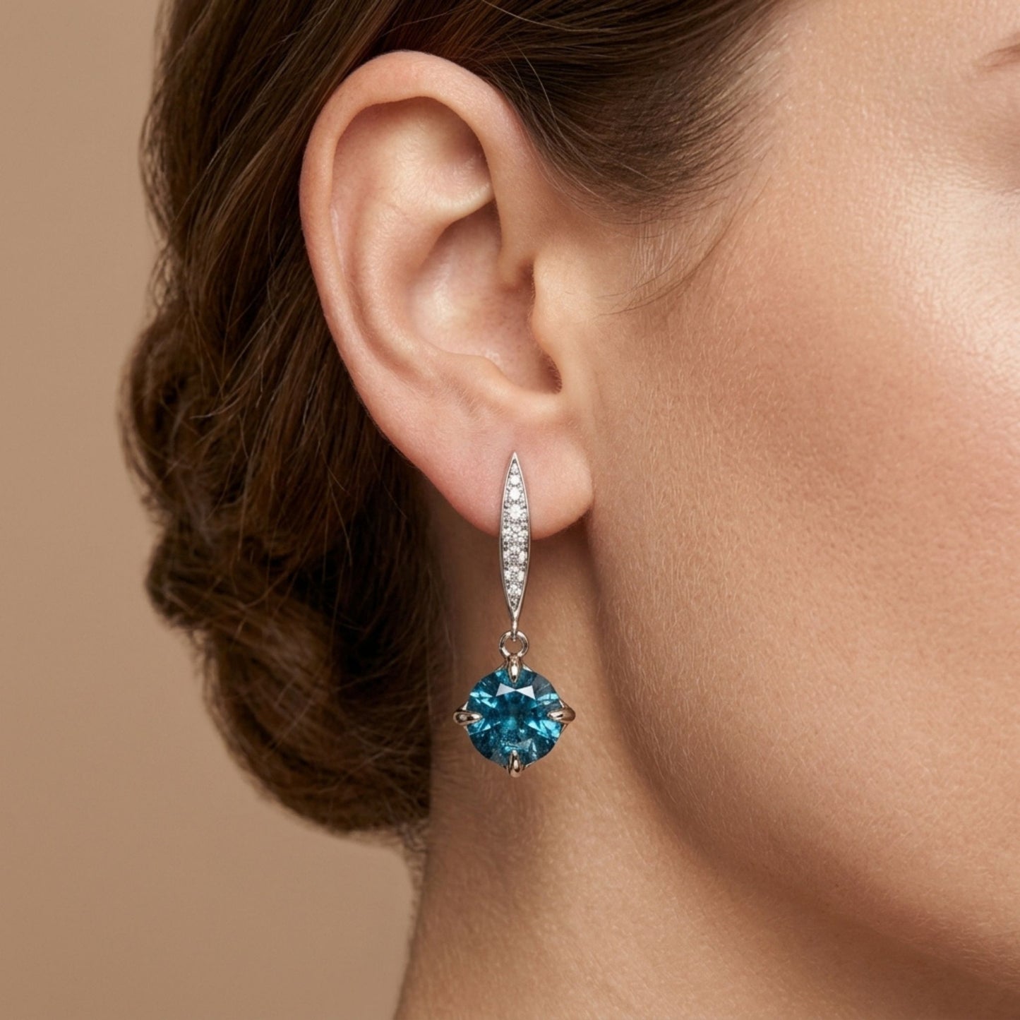 14K 4.13cttw Cushion Blue Zircon 0.18cttw White Diamonds Drop Earrings