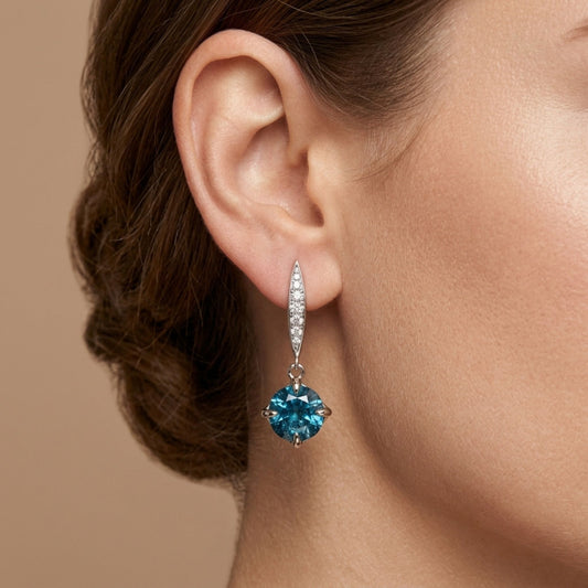 14K 4.13cttw Cushion Blue Zircon 0.18cttw White Diamonds Drop Earrings