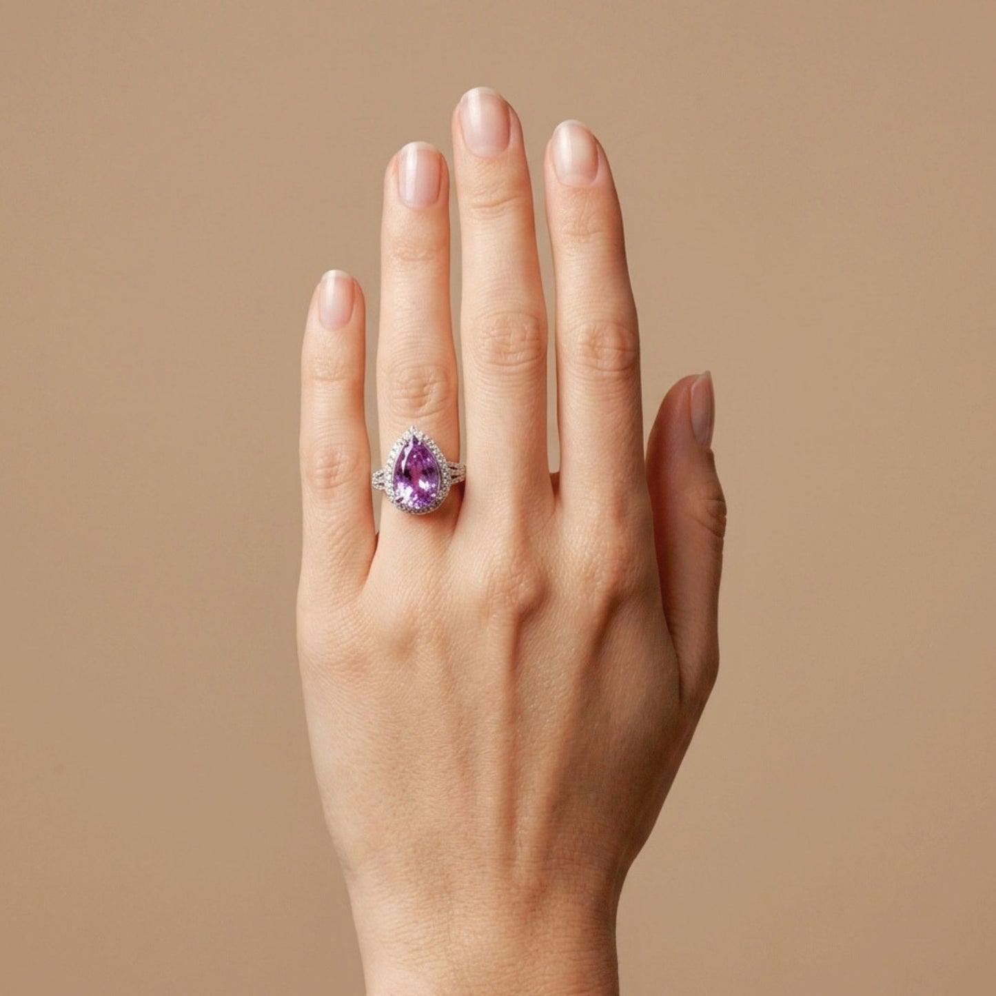 14K 5.70ct Pear Shape Kunzite 0.60cttw VS White Diamonds Ring