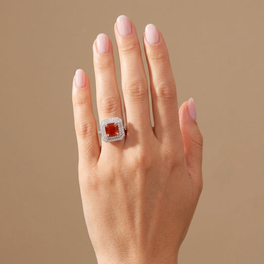 14K 1.22ct Asscher Cut Fire Opal 0.58cttw VS White Diamonds Ring